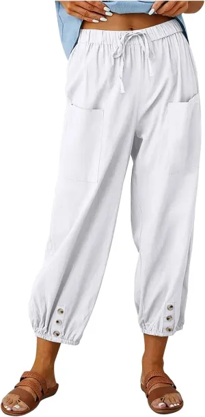 Firzero Women's Casual Pants Capris Linen Botton Capri Pant Loose Wide Leg Sweatpants Summer Cropped Elastic Waist Trousers