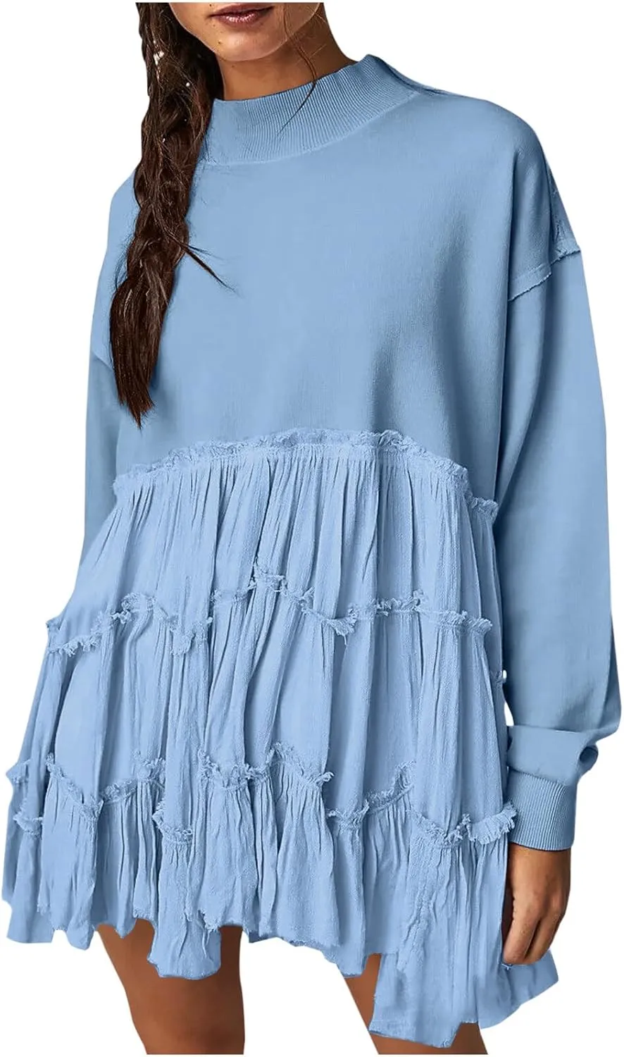 Firzero Womens Oversized Sweatshirt Dress Patchwork Long Sleeve Crewneck Pleated Mini Dresses 2024 Casual Pullover Tops