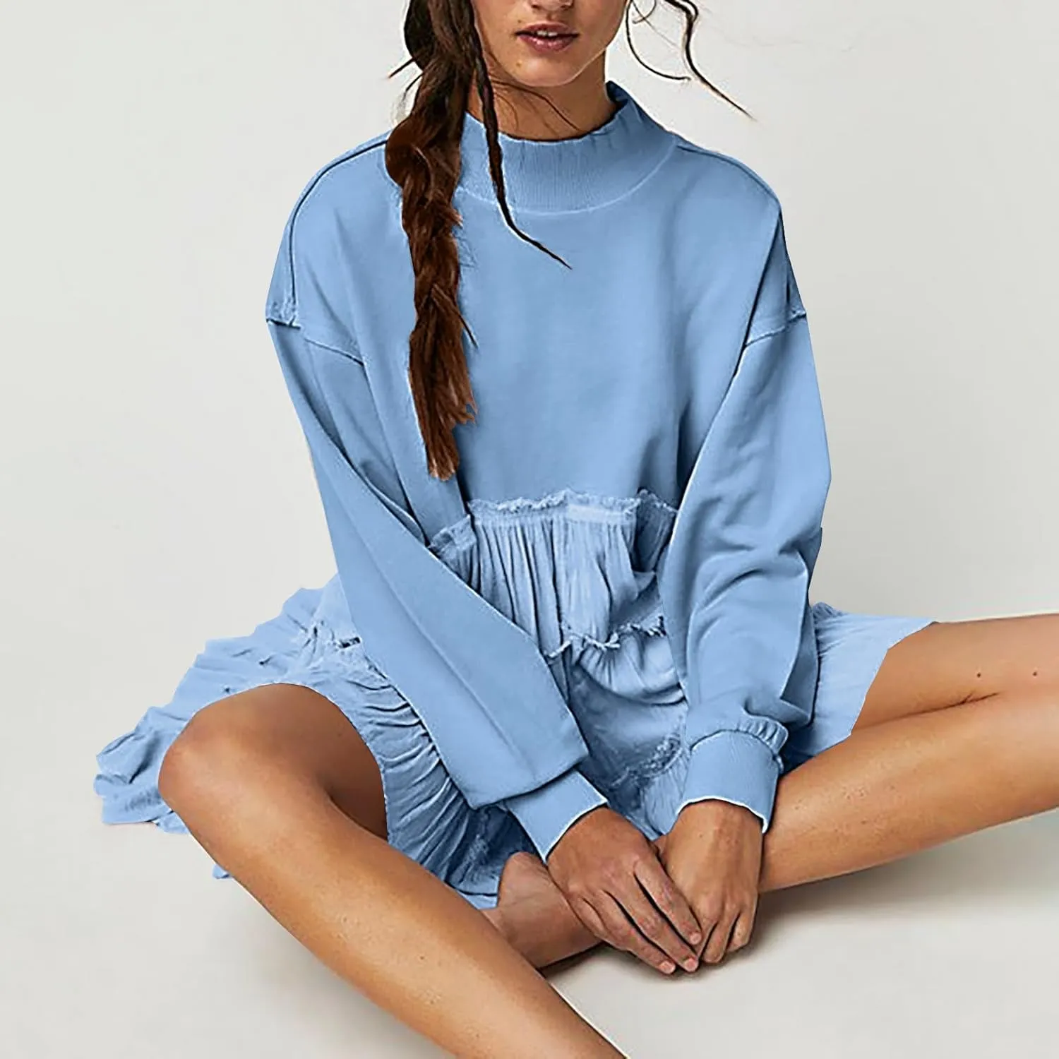 Firzero Womens Oversized Sweatshirt Dress Patchwork Long Sleeve Crewneck Pleated Mini Dresses 2024 Casual Pullover Tops
