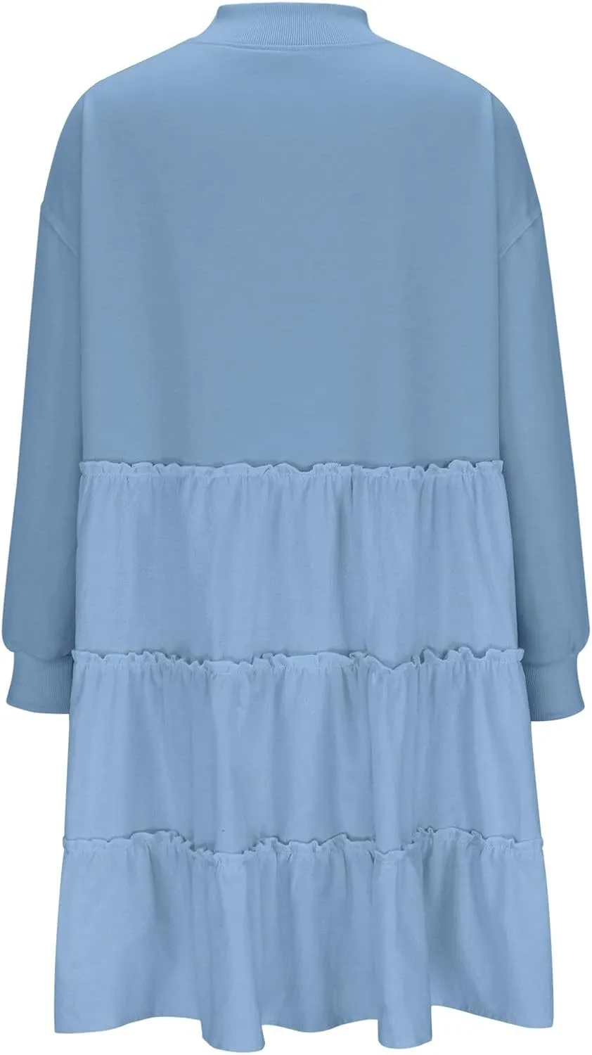 Firzero Womens Oversized Sweatshirt Dress Patchwork Long Sleeve Crewneck Pleated Mini Dresses 2024 Casual Pullover Tops