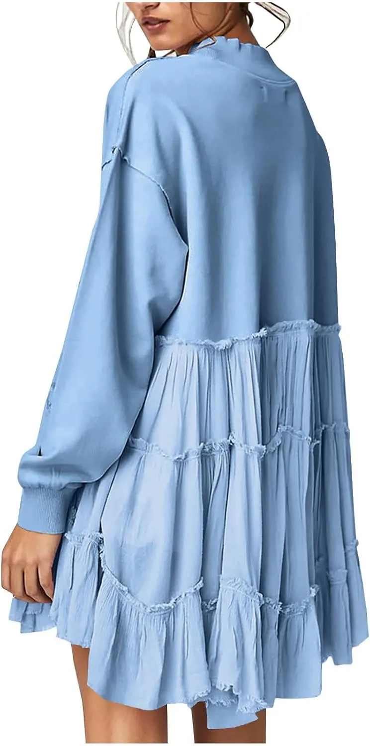 Firzero Womens Oversized Sweatshirt Dress Patchwork Long Sleeve Crewneck Pleated Mini Dresses 2024 Casual Pullover Tops
