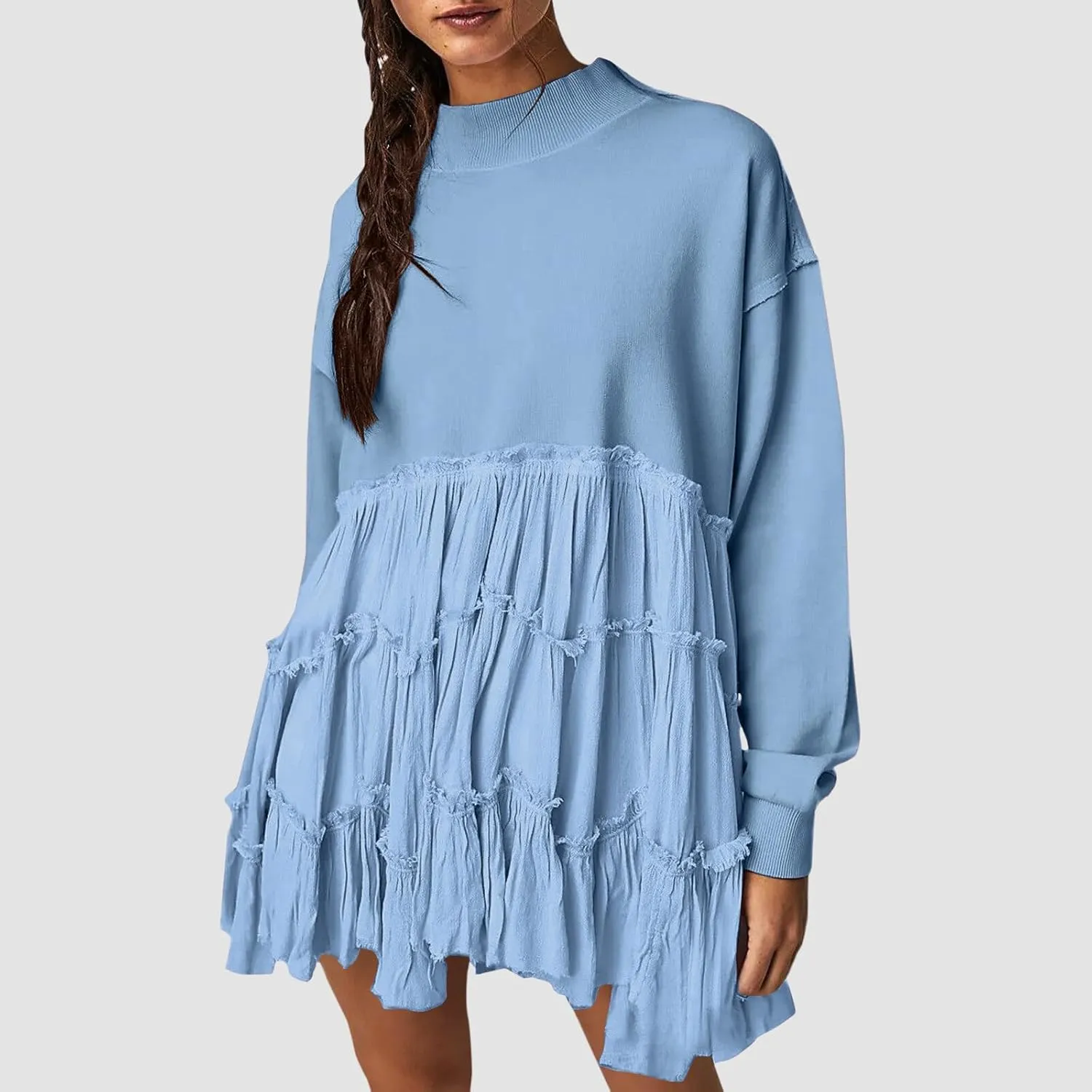 Firzero Womens Oversized Sweatshirt Dress Patchwork Long Sleeve Crewneck Pleated Mini Dresses 2024 Casual Pullover Tops
