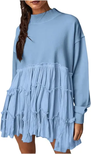 Firzero Womens Oversized Sweatshirt Dress Patchwork Long Sleeve Crewneck Pleated Mini Dresses 2024 Casual Pullover Tops