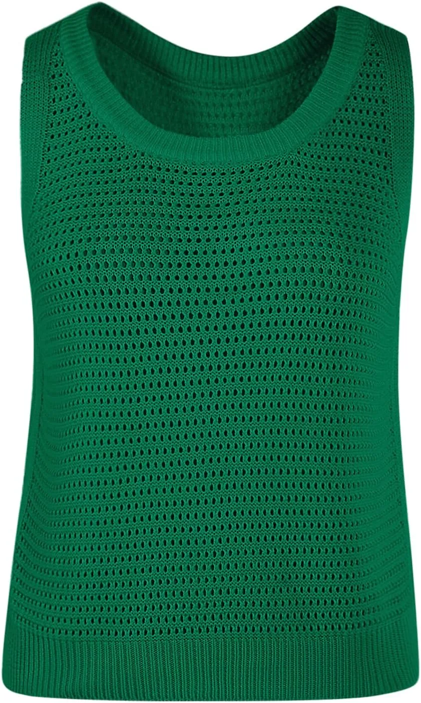 FISACE Womens Summer Knit Sweater Tank Tops Round Neck Crochet Hollow Out Sleeveless Casual Crop Shirt