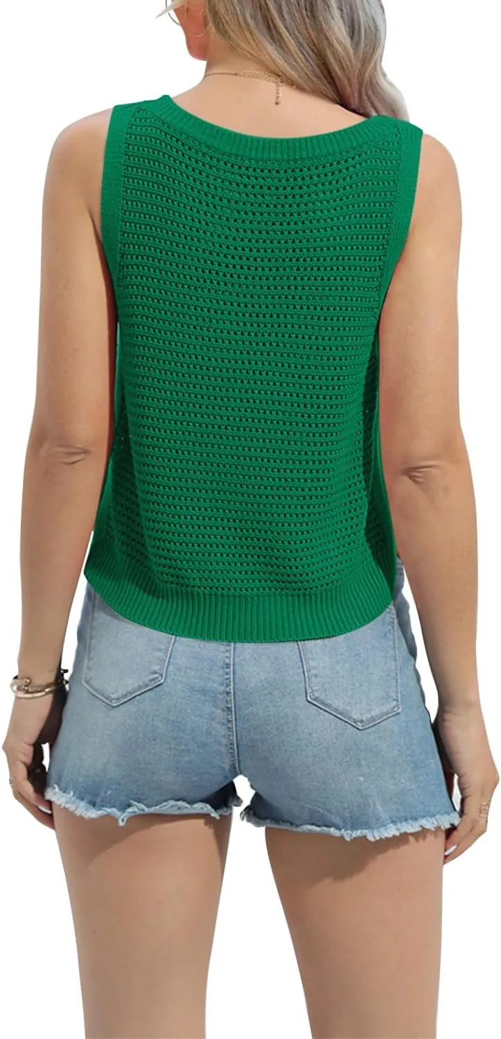 FISACE Womens Summer Knit Sweater Tank Tops Round Neck Crochet Hollow Out Sleeveless Casual Crop Shirt