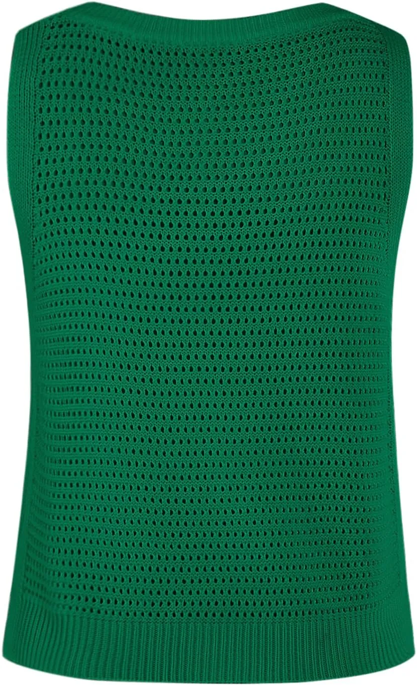 FISACE Womens Summer Knit Sweater Tank Tops Round Neck Crochet Hollow Out Sleeveless Casual Crop Shirt