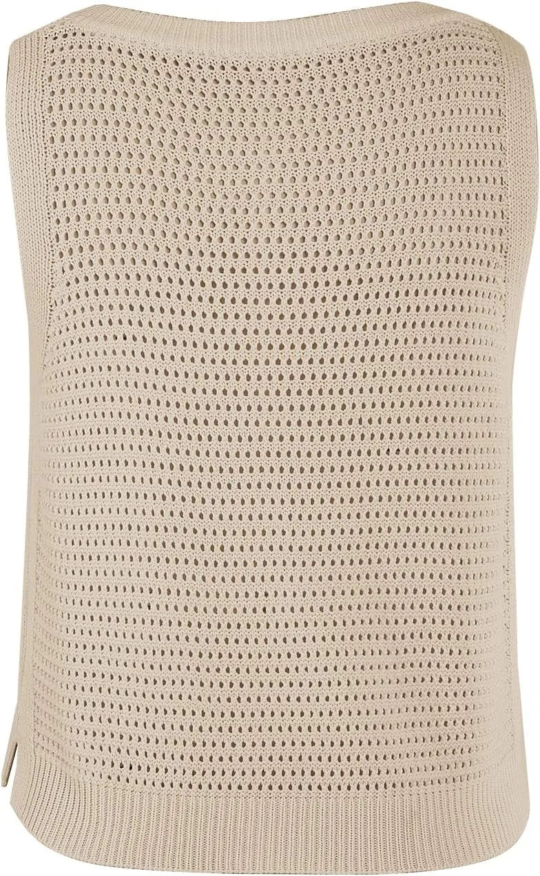 FISACE Womens Summer Knit Sweater Tank Tops Round Neck Crochet Hollow Out Sleeveless Casual Crop Shirt