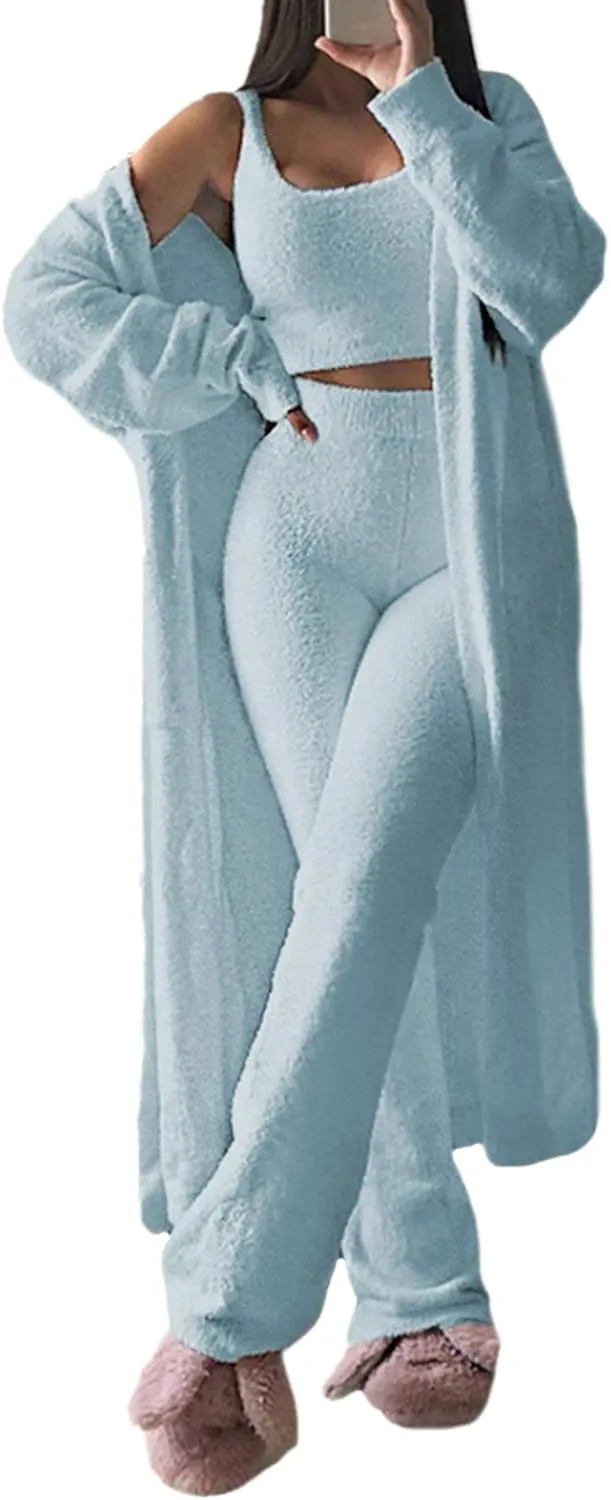 Fixmatti Women's Fuzzy 3 Piece Sweatsuit Open Front Cardigan Crop Tank Tops Wide Legs Pants Lounge Sets