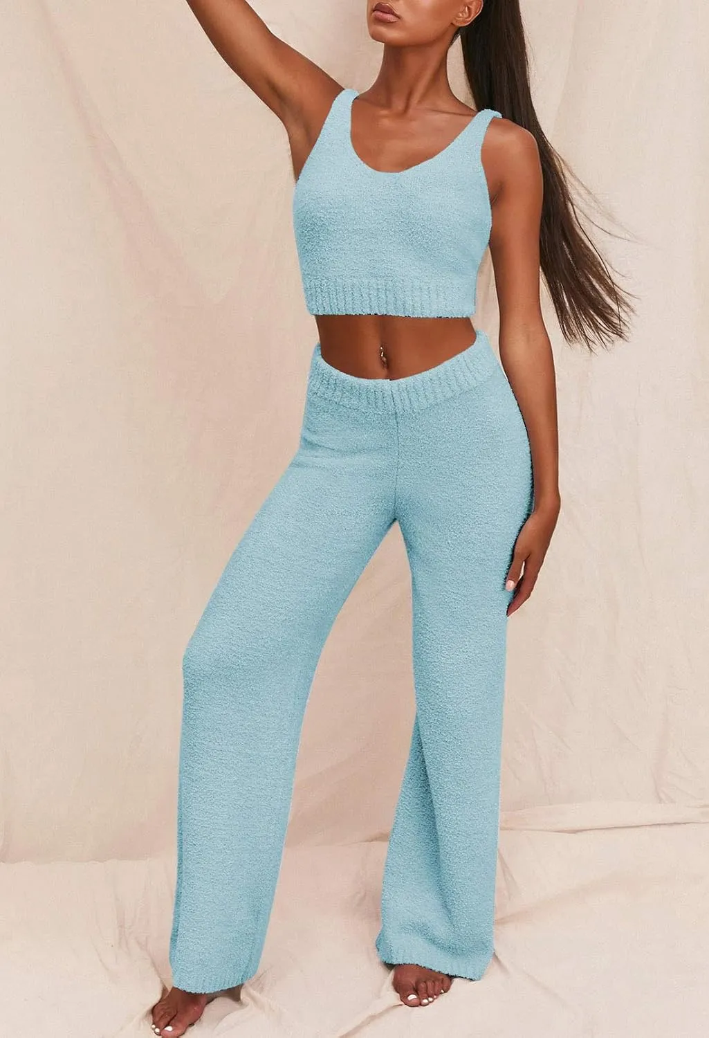 Fixmatti Women's Fuzzy 3 Piece Sweatsuit Open Front Cardigan Crop Tank Tops Wide Legs Pants Lounge Sets