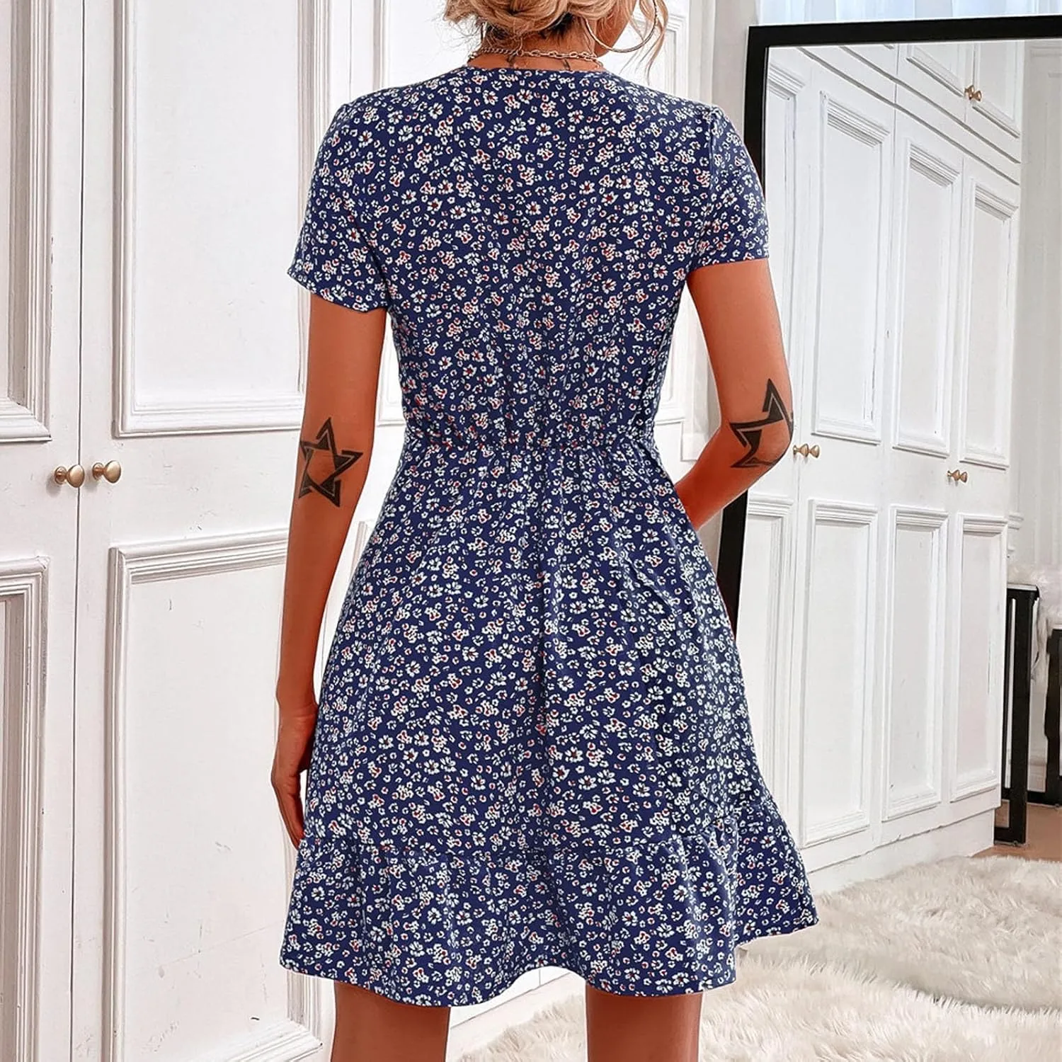 Floral Dresses for Women,2025 Spring Summer Elegant Trendy V Neck Short Sleeve Beach Dress,Flowy Ruched Boho Dress