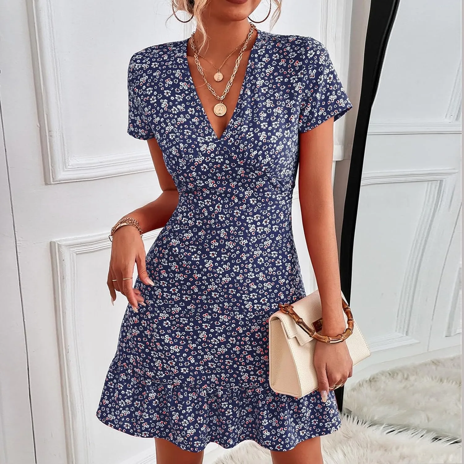Floral Dresses for Women,2025 Spring Summer Elegant Trendy V Neck Short Sleeve Beach Dress,Flowy Ruched Boho Dress
