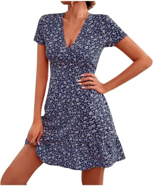 Floral Dresses for Women,2025 Spring Summer Elegant Trendy V Neck Short Sleeve Beach Dress,Flowy Ruched Boho Dress