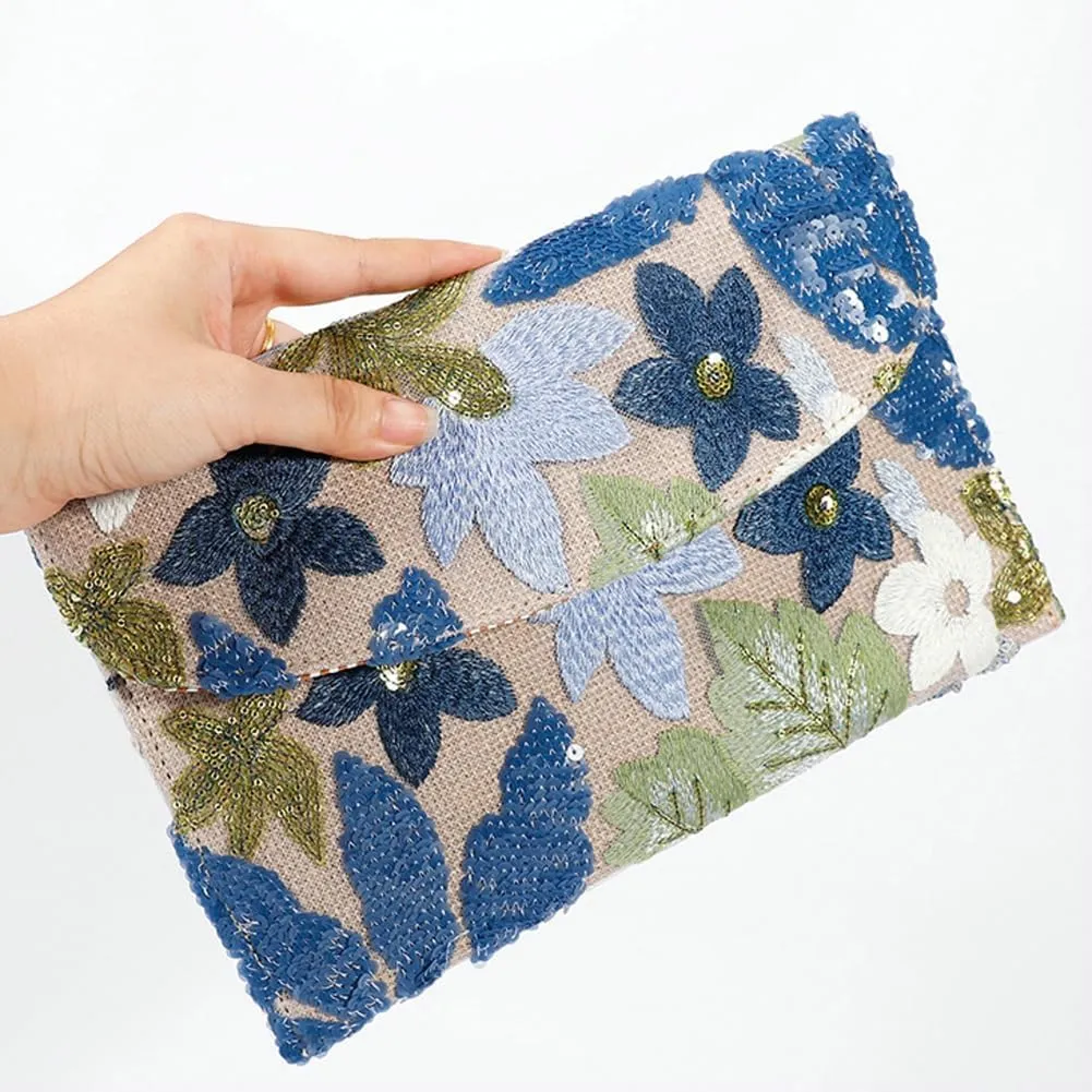 Floral Envelope Tote Bag Sequin Embroidery Straw Clutch Purse Summer Woven Floral Clutch Handbag Boho Straw Evening Handbags
