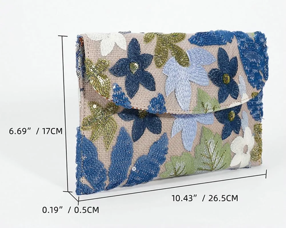 Floral Envelope Tote Bag Sequin Embroidery Straw Clutch Purse Summer Woven Floral Clutch Handbag Boho Straw Evening Handbags