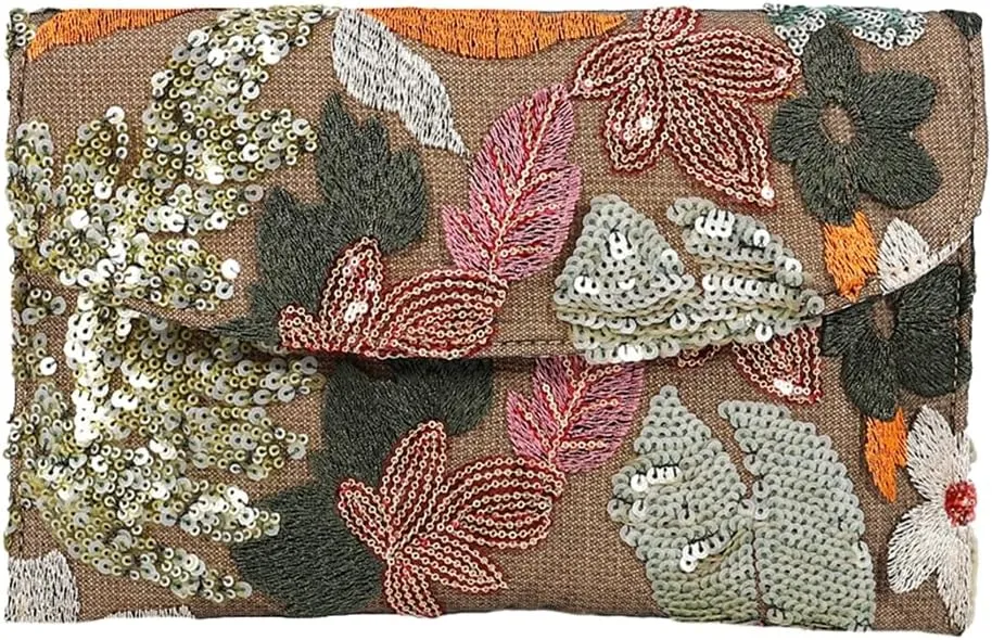 Floral Envelope Tote Bag Sequin Embroidery Straw Clutch Purse Summer Woven Floral Clutch Handbag Boho Straw Evening Handbags