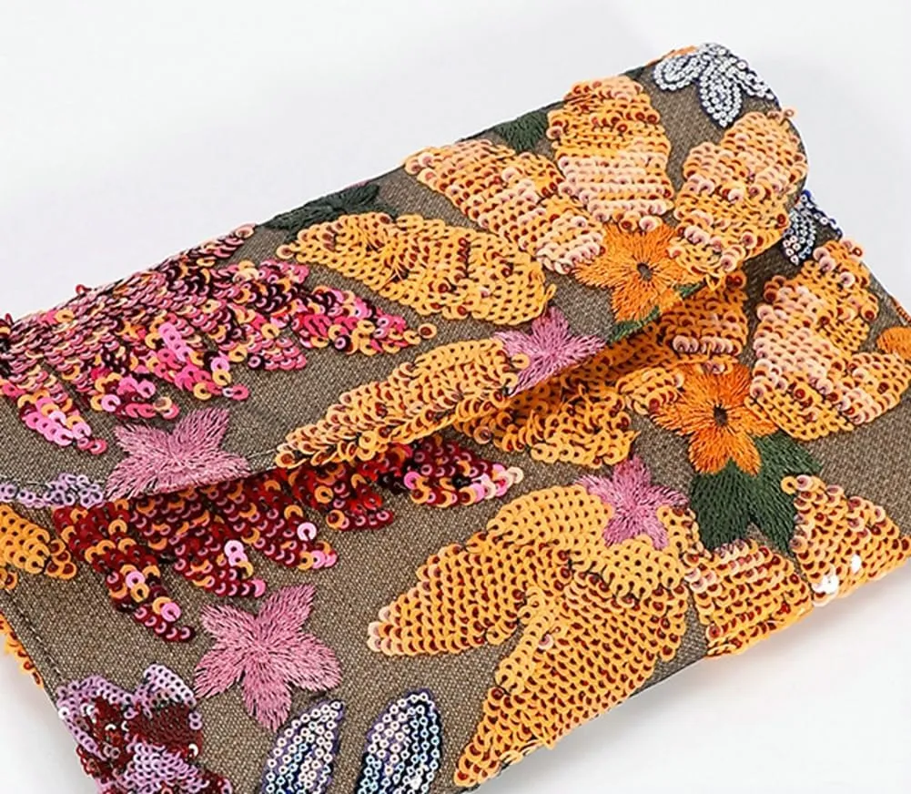Floral Envelope Tote Bag Sequin Embroidery Straw Clutch Purse Summer Woven Floral Clutch Handbag Boho Straw Evening Handbags