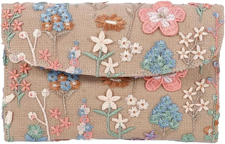 Floral Envelope Tote Bag Sequin Embroidery Straw Clutch Purse Summer Woven Floral Clutch Handbag Boho Straw Evening Handbags