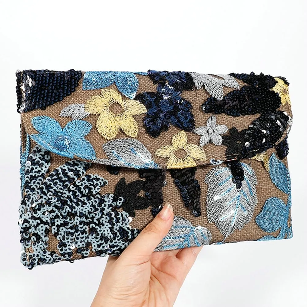 Floral Envelope Tote Bag Sequin Embroidery Straw Clutch Purse Summer Woven Floral Clutch Handbag Boho Straw Evening Handbags