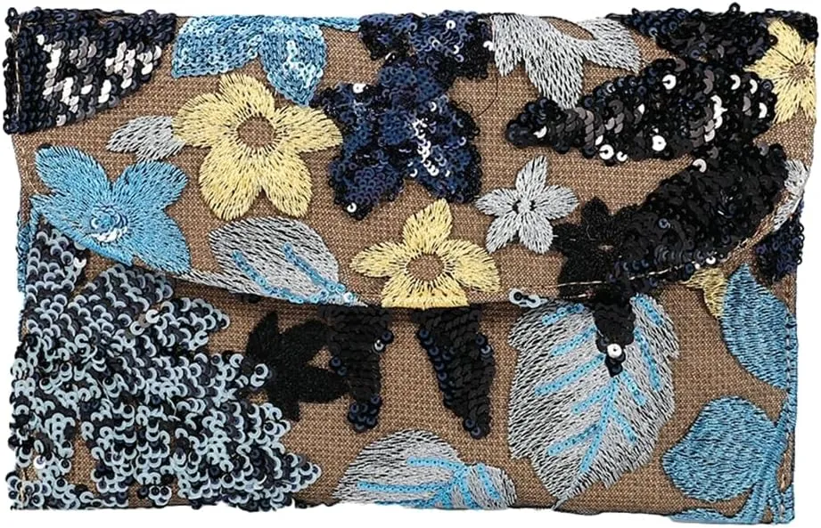 Floral Envelope Tote Bag Sequin Embroidery Straw Clutch Purse Summer Woven Floral Clutch Handbag Boho Straw Evening Handbags