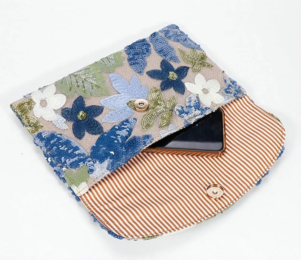 Floral Envelope Tote Bag Sequin Embroidery Straw Clutch Purse Summer Woven Floral Clutch Handbag Boho Straw Evening Handbags