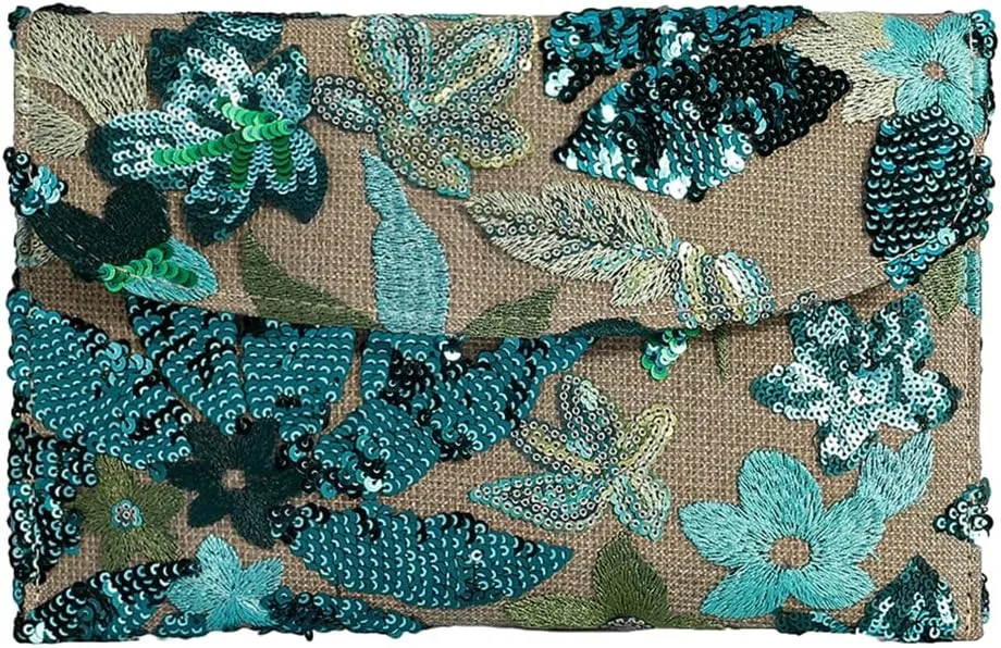 Floral Envelope Tote Bag Sequin Embroidery Straw Clutch Purse Summer Woven Floral Clutch Handbag Boho Straw Evening Handbags