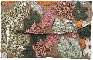 Floral Envelope Tote Bag Sequin Embroidery Straw Clutch Purse Summer Woven Floral Clutch Handbag Boho Straw Evening Handbags