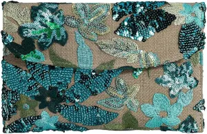Floral Envelope Tote Bag Sequin Embroidery Straw Clutch Purse Summer Woven Floral Clutch Handbag Boho Straw Evening Handbags