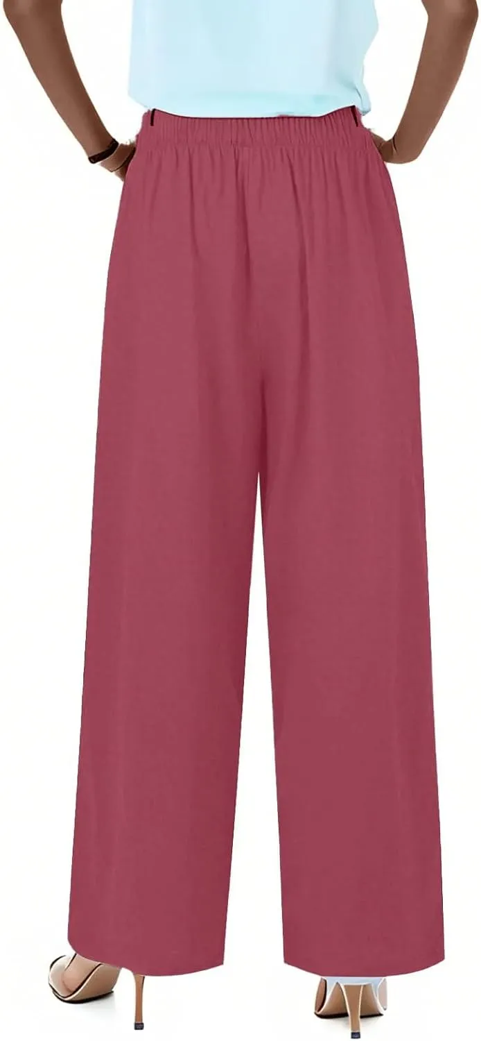 Flowy Wide Leg Linen Pants Women Summer Baggy Beach Vacation Palazzo Pants Casual High Waisted Pants with Pockets