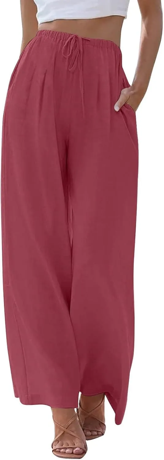 Flowy Wide Leg Linen Pants Women Summer Baggy Beach Vacation Palazzo Pants Casual High Waisted Pants with Pockets