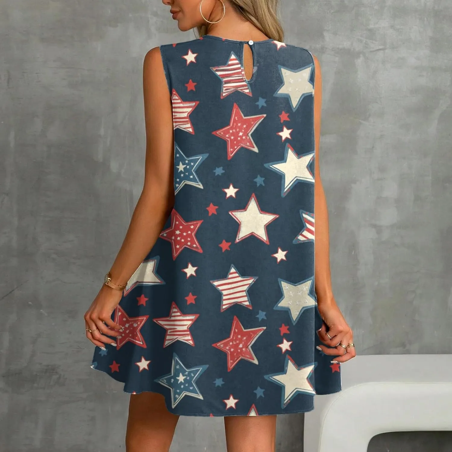 Fourth of July Dresses for Women Summer Red White and Blue Patriotic Dress Knee Length Aline Sleeveless Tank Dress