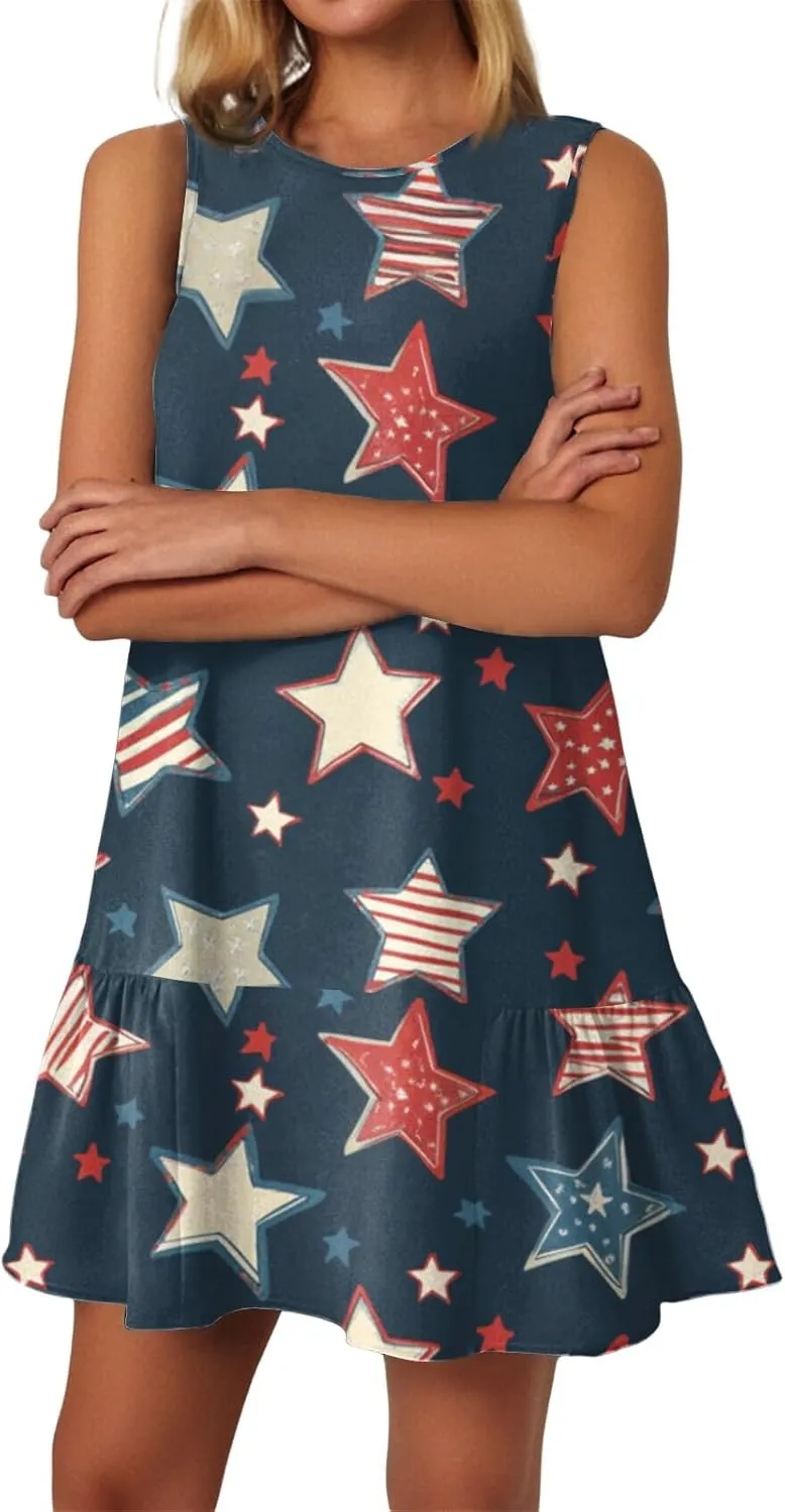 Fourth of July Dresses for Women Summer Red White and Blue Patriotic Dress Knee Length Aline Sleeveless Tank Dress