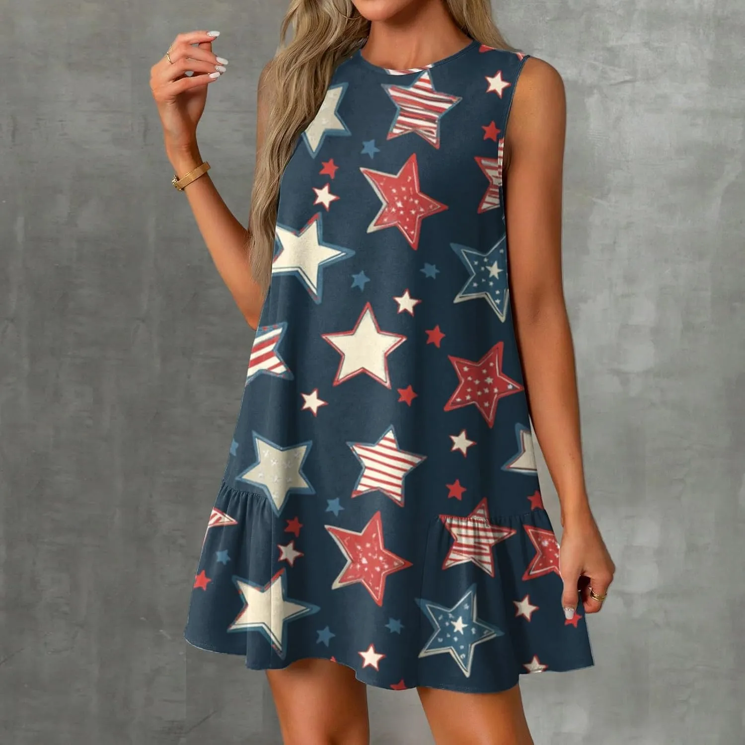 Fourth of July Dresses for Women Summer Red White and Blue Patriotic Dress Knee Length Aline Sleeveless Tank Dress
