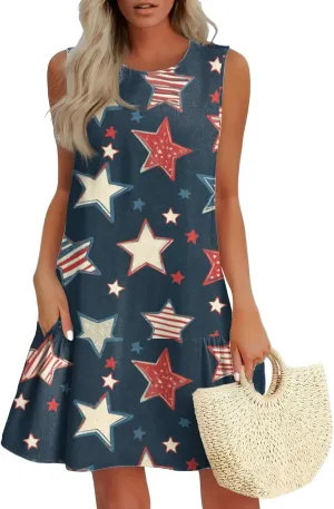 Fourth of July Dresses for Women Summer Red White and Blue Patriotic Dress Knee Length Aline Sleeveless Tank Dress