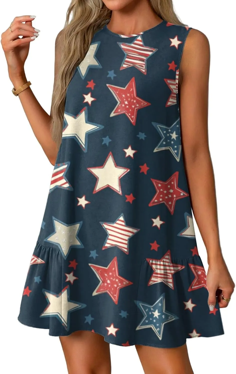 Fourth of July Dresses for Women Summer Red White and Blue Patriotic Dress Knee Length Aline Sleeveless Tank Dress