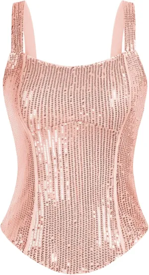 GRACE KARIN Sequin Tank Tops for Women Bustier Corset Top Sparkle Sexy Slim Camisole Sleeveless Party