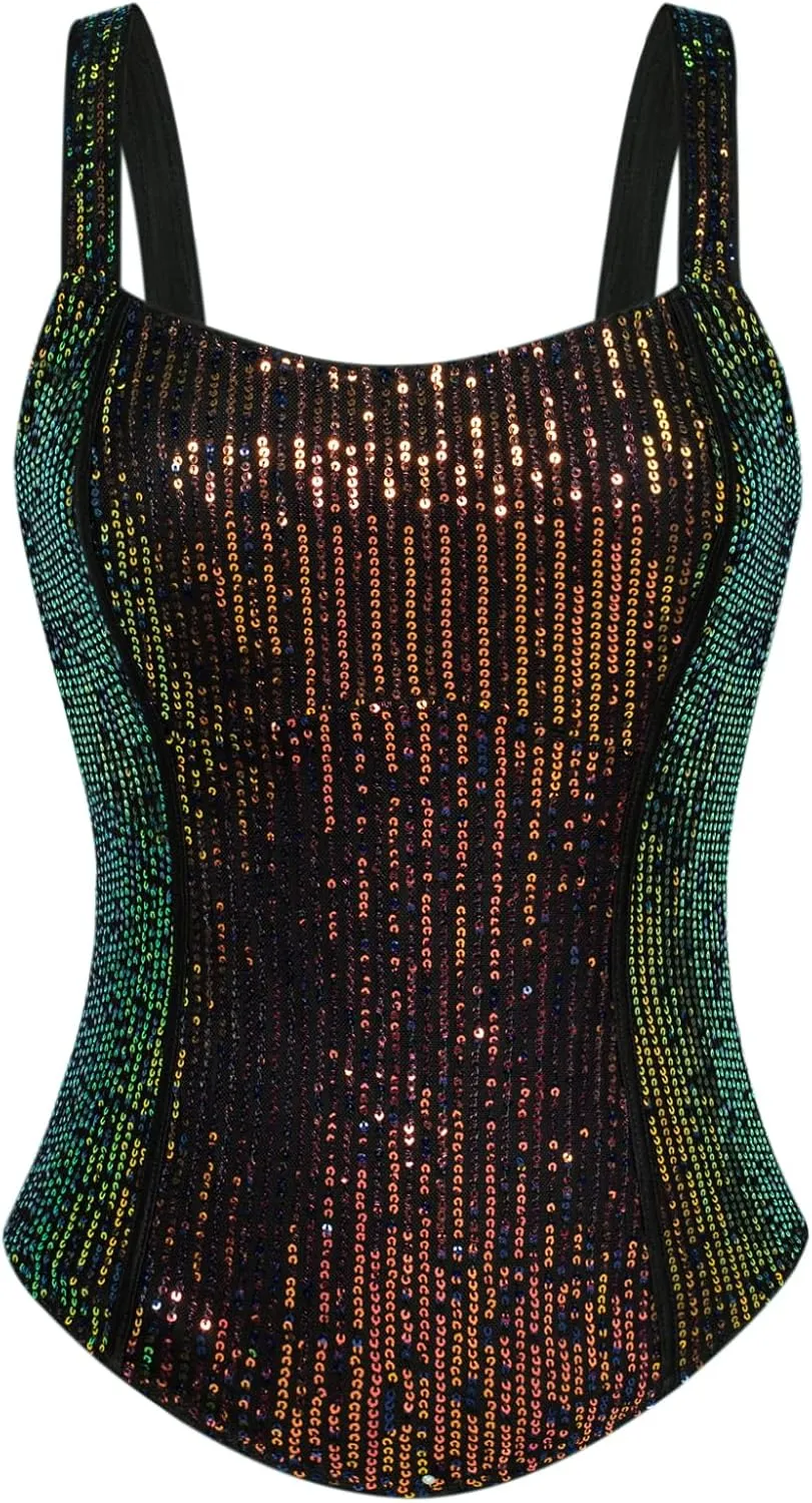 GRACE KARIN Sequin Tank Tops for Women Bustier Corset Top Sparkle Sexy Slim Camisole Sleeveless Party