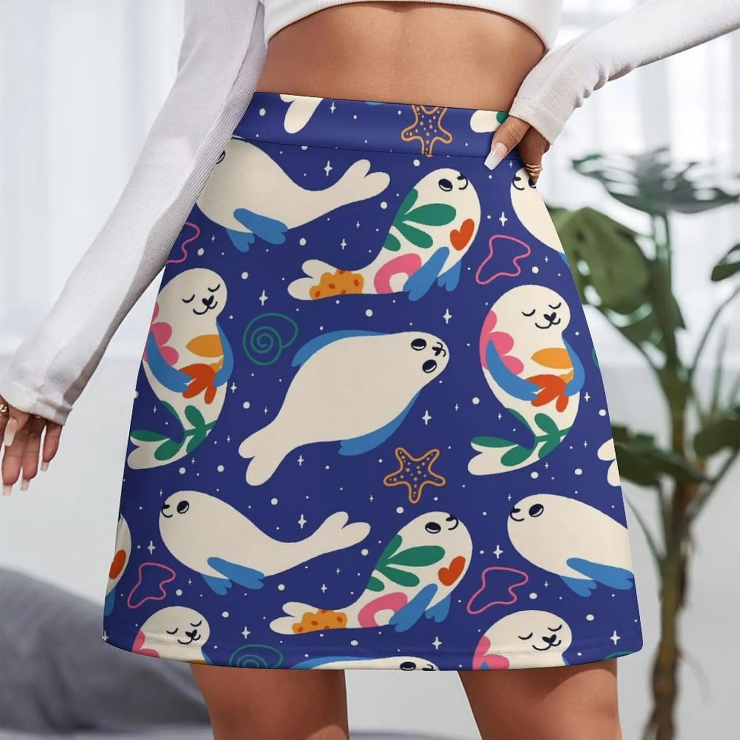Graffiti Colorful Pattern Double Layer Stretchy Bodycon Short Mini Skirt Slim Fit Pencil Elastic Waistband