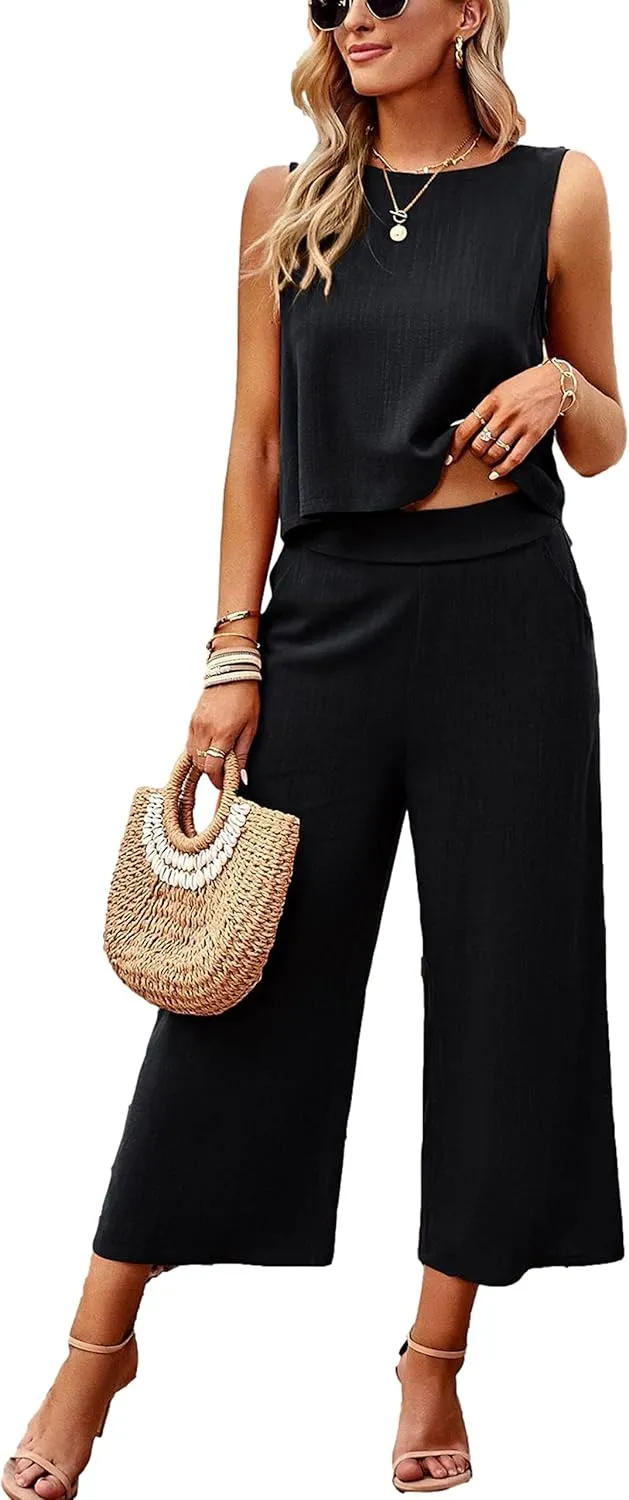 HangNiFang Womens Summer Casual 2 Piece Outfits Round Neck Crop Top Cropped Wide Leg Pants Jumpsuit with Pockets