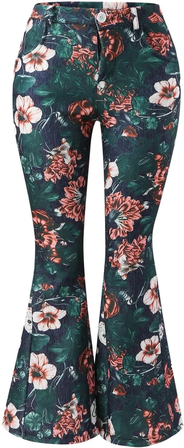 High Waisted Bell Bottom Jeans for Women Retro Floral Zipper Slim Wide Leg Bootcut Denim Pants Pull On Flare Jeans