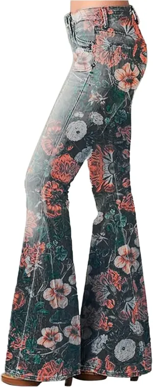 High Waisted Bell Bottom Jeans for Women Retro Floral Zipper Slim Wide Leg Bootcut Denim Pants Pull On Flare Jeans