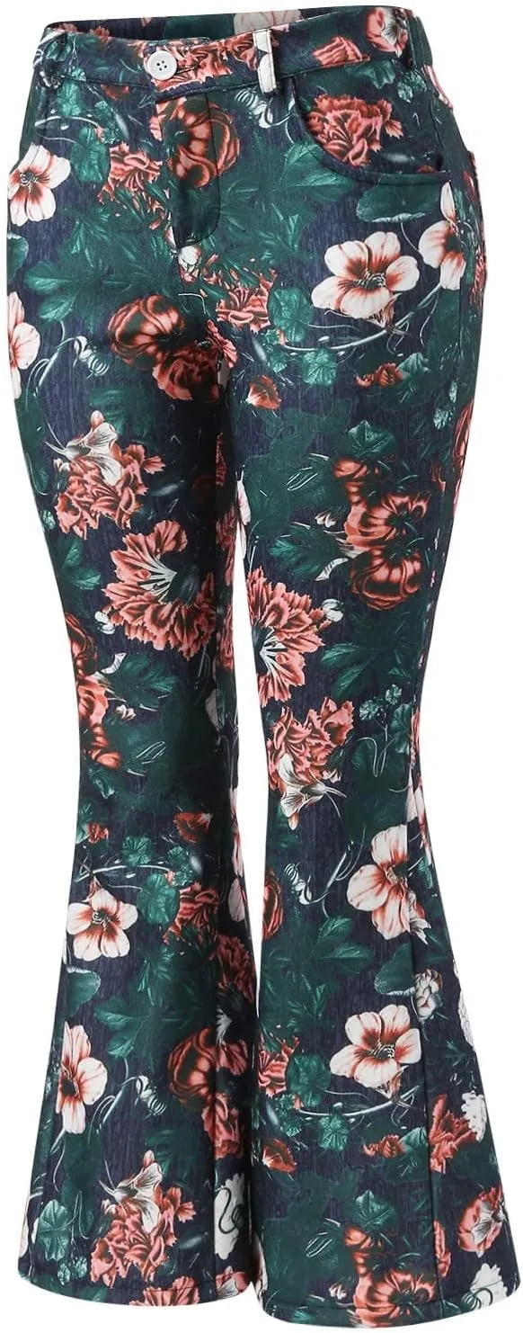 High Waisted Bell Bottom Jeans for Women Retro Floral Zipper Slim Wide Leg Bootcut Denim Pants Pull On Flare Jeans
