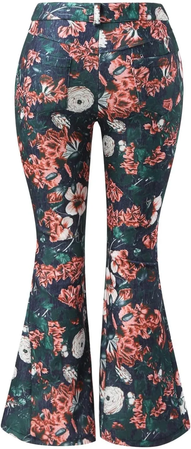 High Waisted Bell Bottom Jeans for Women Retro Floral Zipper Slim Wide Leg Bootcut Denim Pants Pull On Flare Jeans