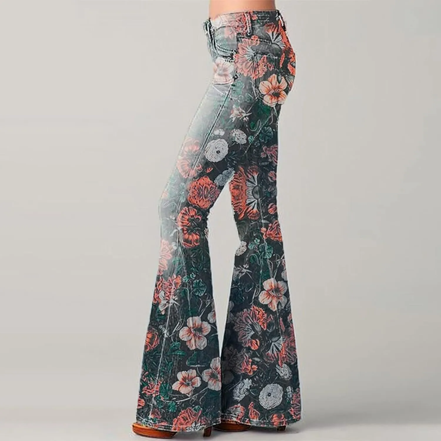 High Waisted Bell Bottom Jeans for Women Retro Floral Zipper Slim Wide Leg Bootcut Denim Pants Pull On Flare Jeans