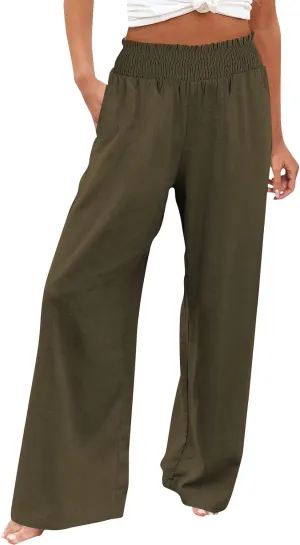 High Waisted Palazzo Pants for Women Cotton-Linen Wide Leg Loose Fit Long Lounge Pant Summer Casual Trousers