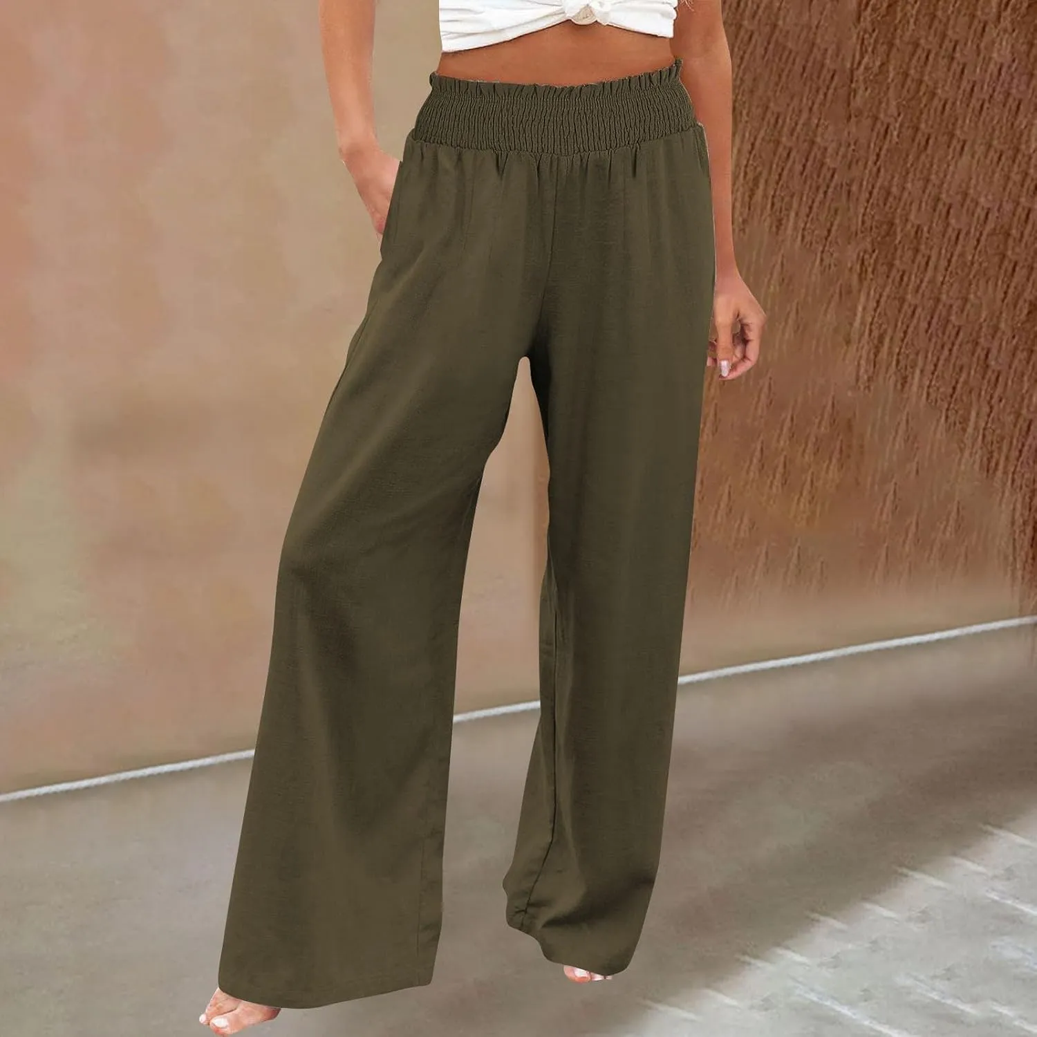 High Waisted Palazzo Pants for Women Cotton-Linen Wide Leg Loose Fit Long Lounge Pant Summer Casual Trousers