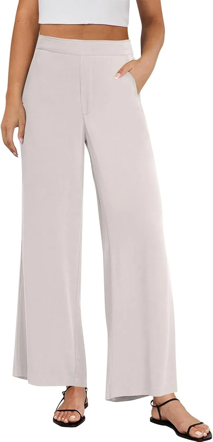 High Waisted Work Pants Women Linen Wide Leg Pants Elastic Waist Business Casual Dress Pants Baggy Summer Trousers