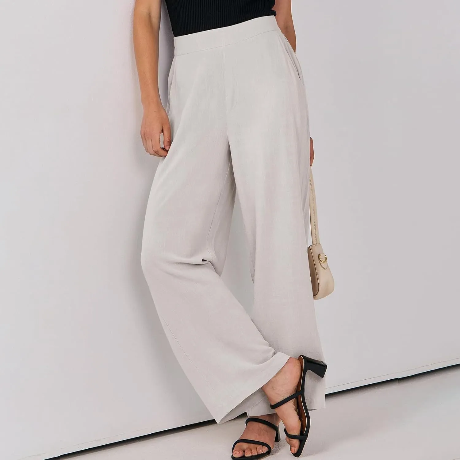 High Waisted Work Pants Women Linen Wide Leg Pants Elastic Waist Business Casual Dress Pants Baggy Summer Trousers