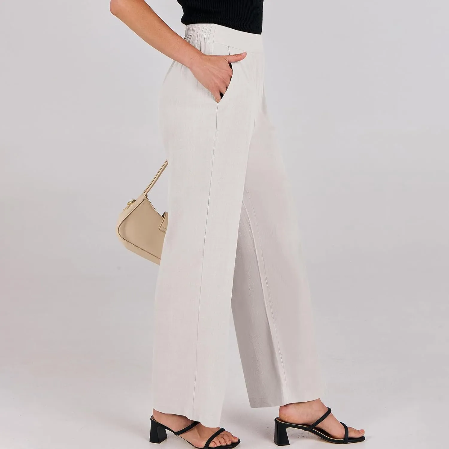 High Waisted Work Pants Women Linen Wide Leg Pants Elastic Waist Business Casual Dress Pants Baggy Summer Trousers
