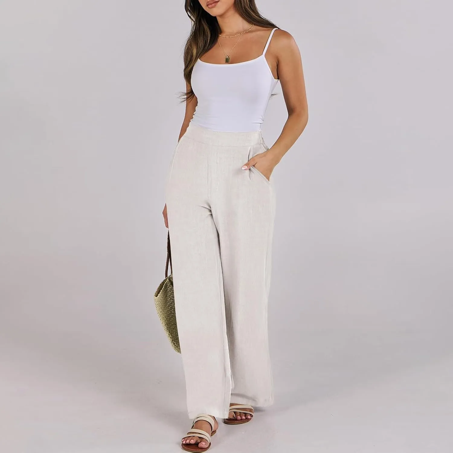 High Waisted Work Pants Women Linen Wide Leg Pants Elastic Waist Business Casual Dress Pants Baggy Summer Trousers