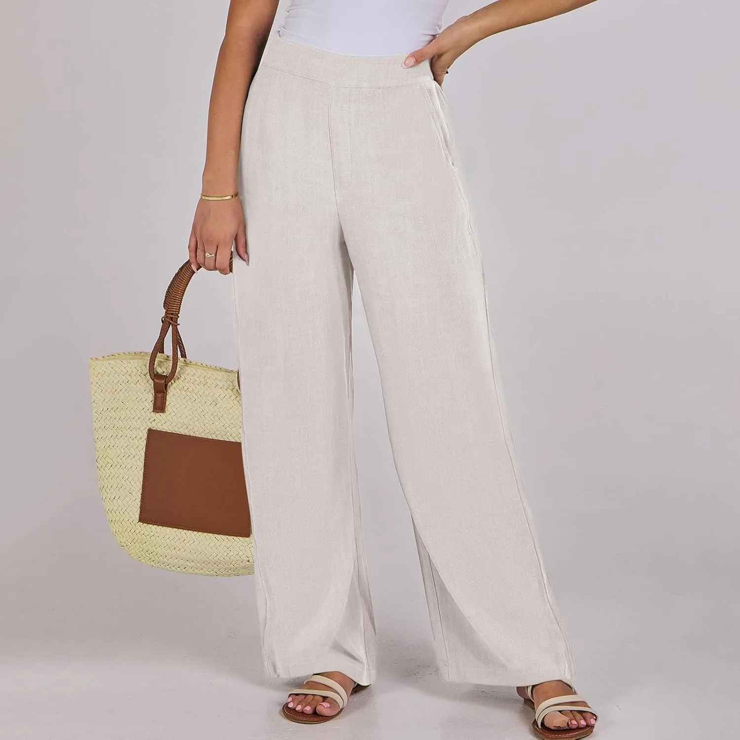 High Waisted Work Pants Women Linen Wide Leg Pants Elastic Waist Business Casual Dress Pants Baggy Summer Trousers